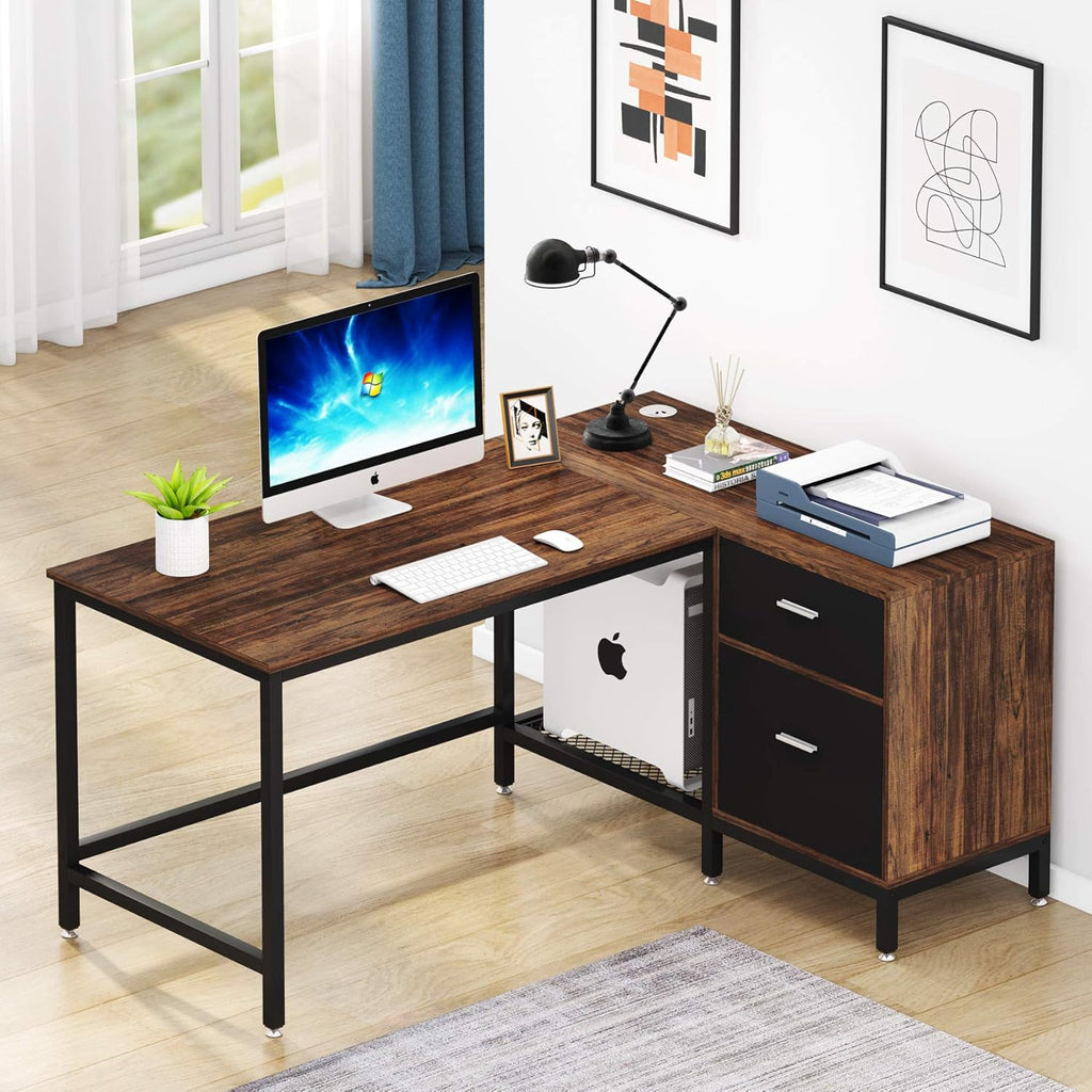 Rustic Industrial L Shaped Desk with Storage Drawer, 55 Inch Wood and Metal Study Corner Desk with Shelves and Hanging File Cabinet S409