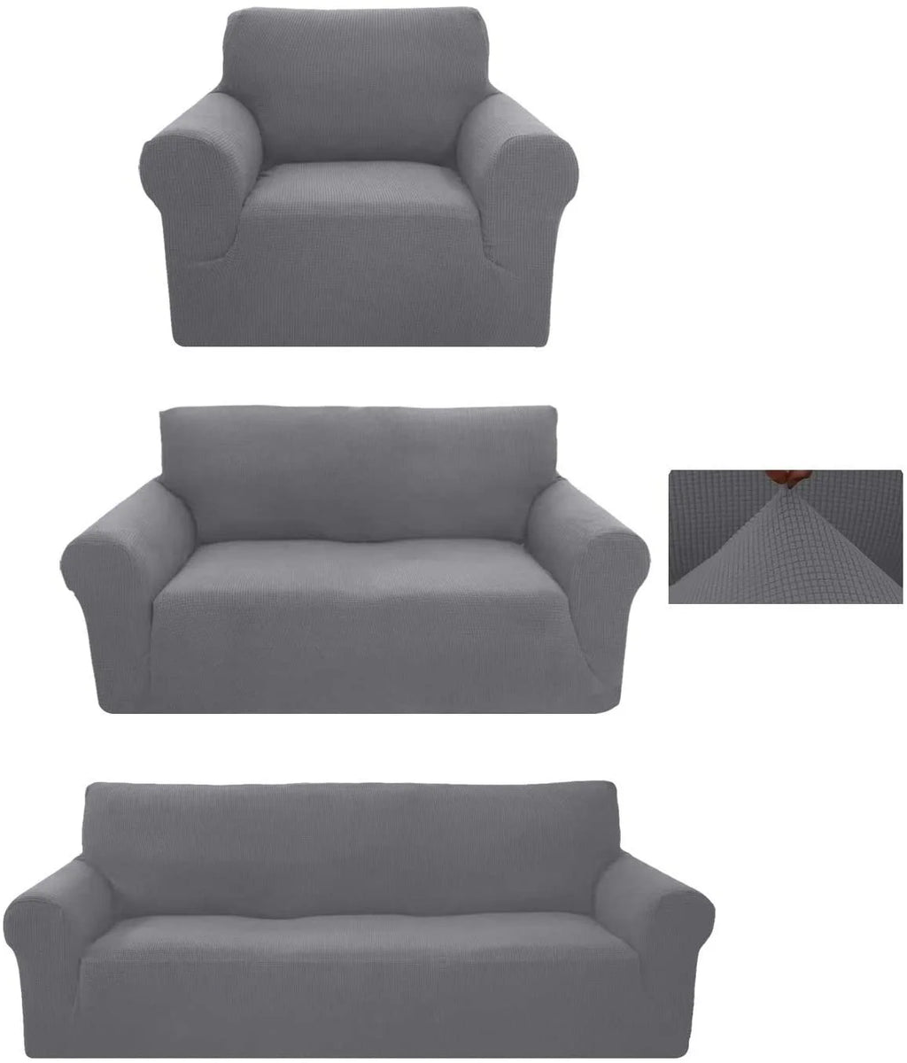 3-Piece Brushed Polyester Spandex SlipCover Set for Sofa Loveseat Couch Arm Chair, Light Gray H8223