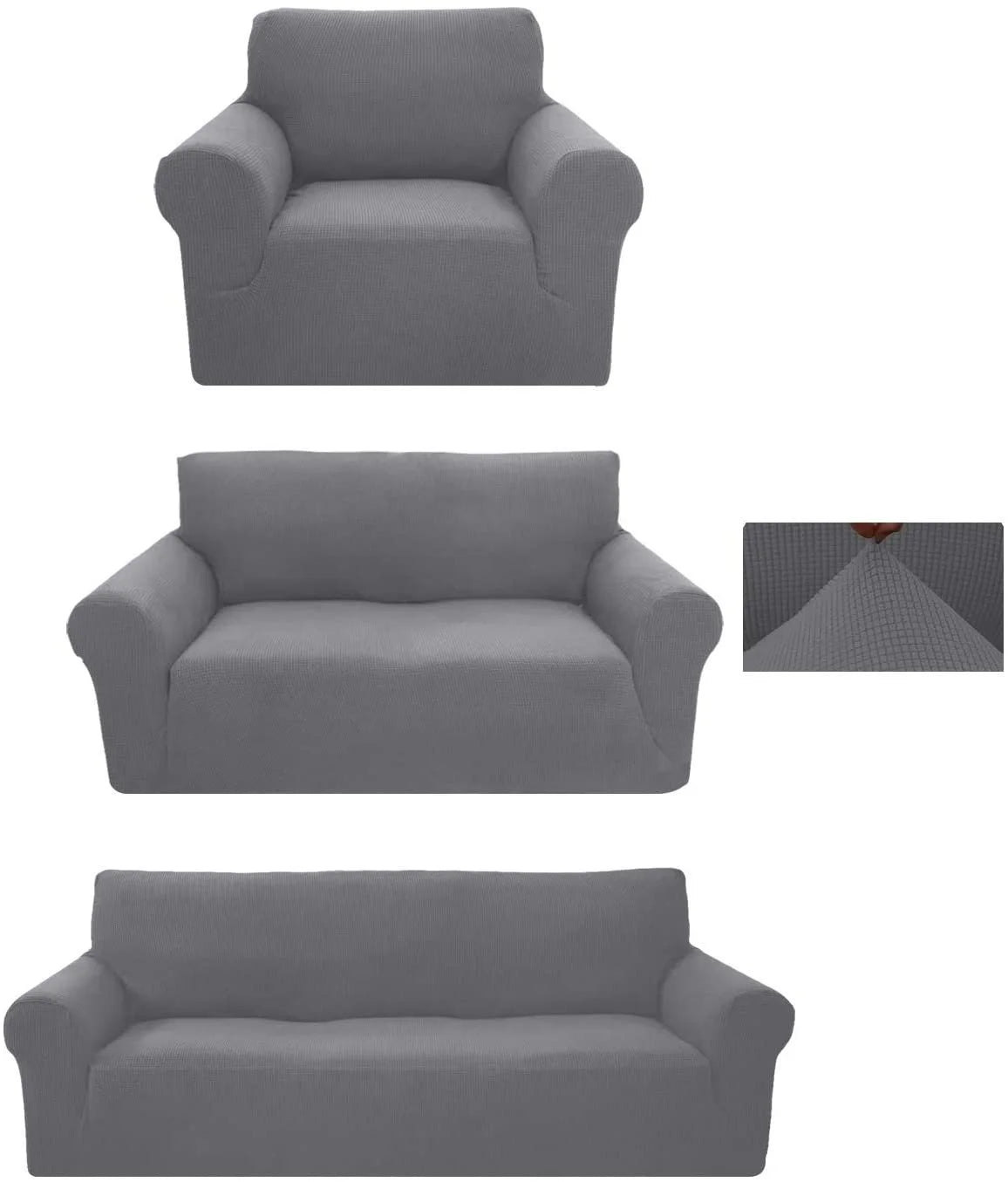 3-Piece Brushed Polyester Spandex SlipCover Set for Sofa Loveseat Couch Arm Chair, Light Gray H8223