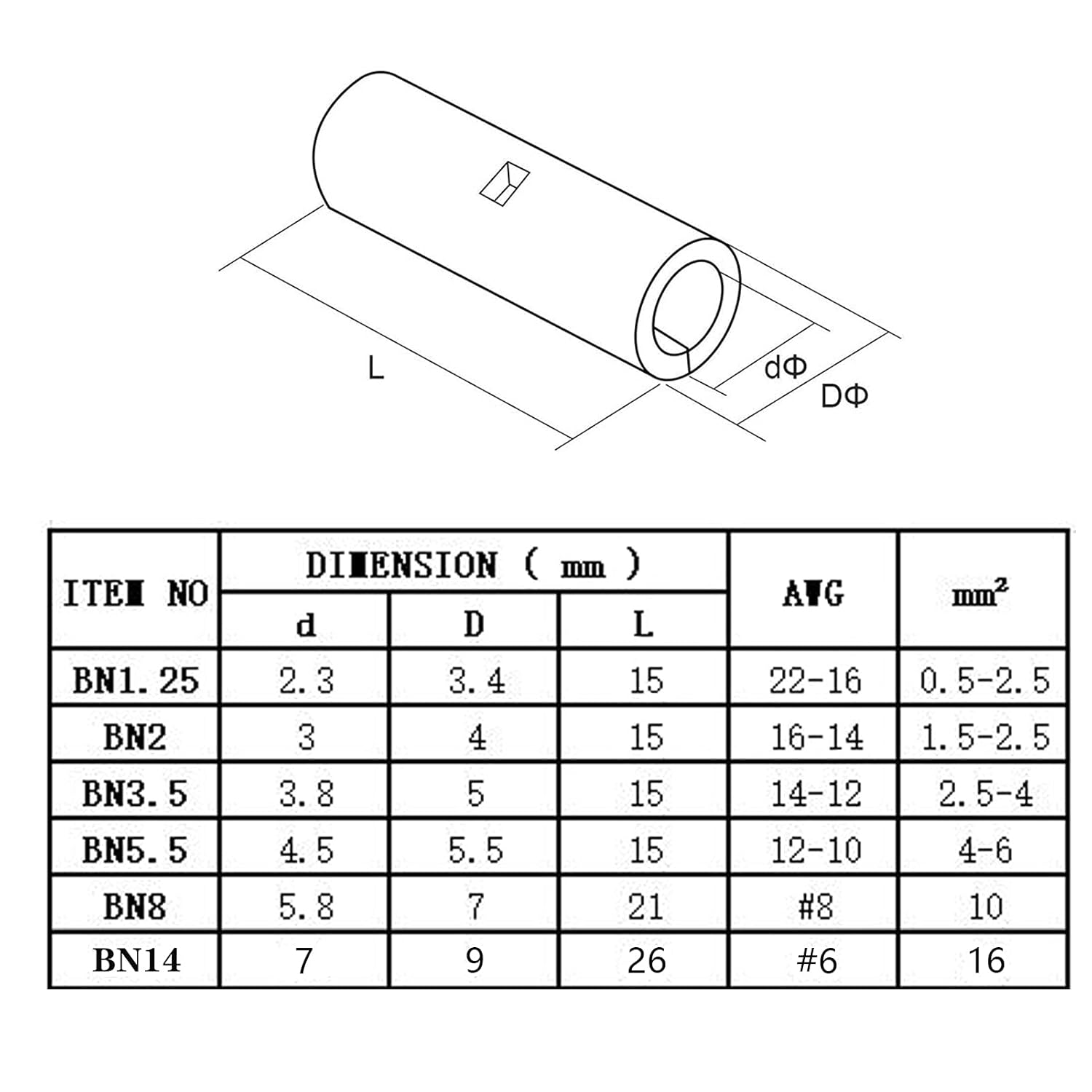 10Pcs Non Insulated Butt Connectors B823