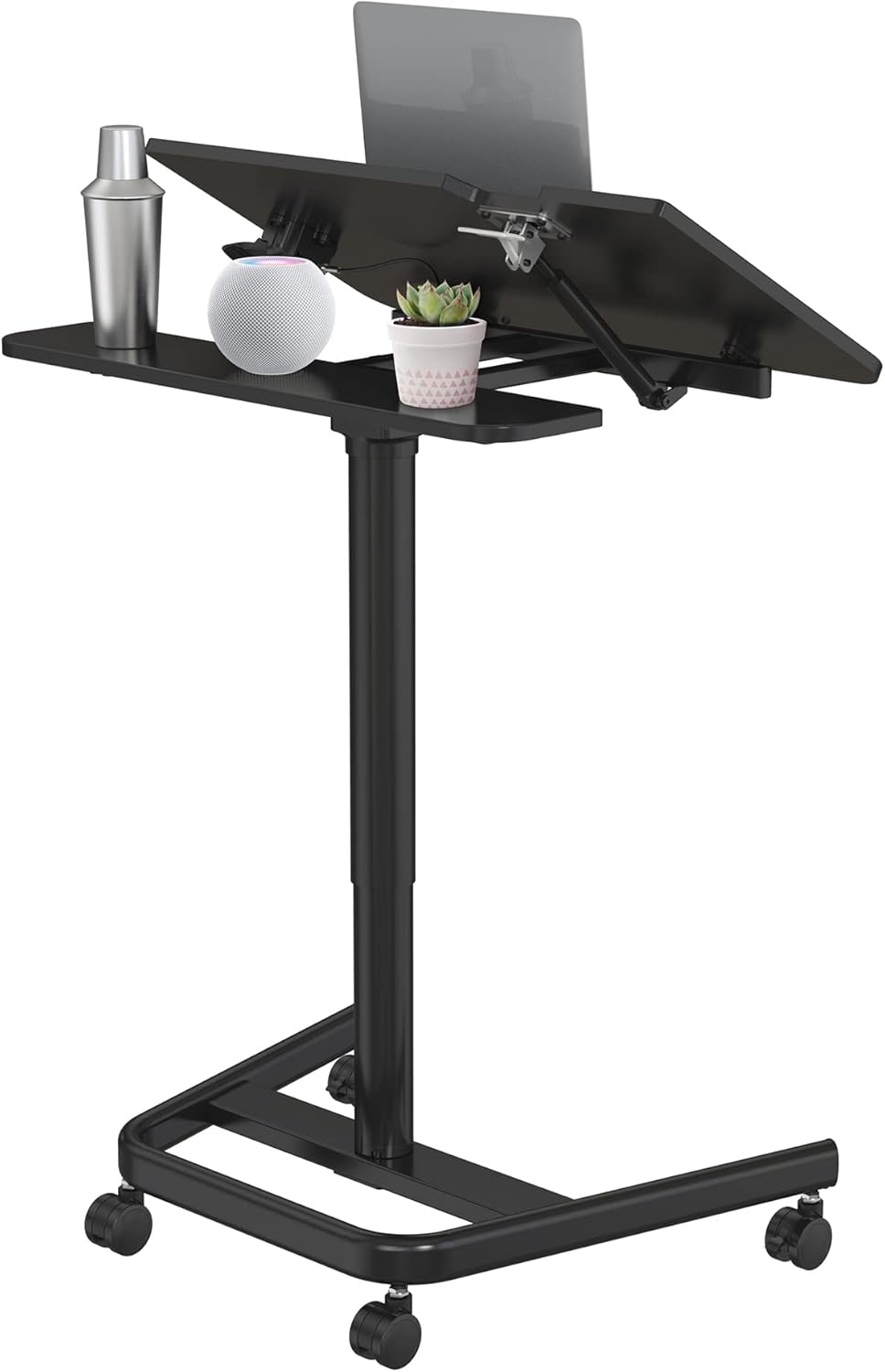 47 Ambidextrous Mobile Standing Desk with Split Top Tilting Tray, Pneumatic Laptop Cart, Black Cart with Brake Casters Z4706