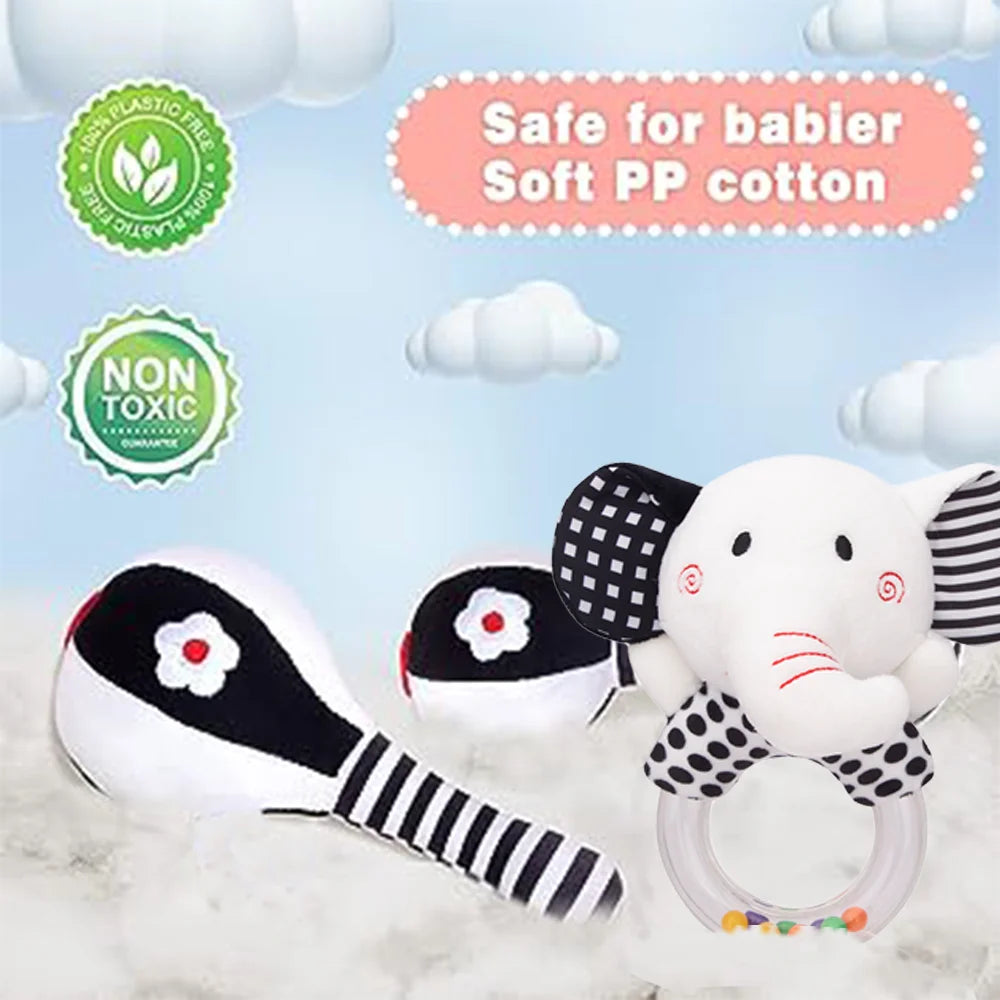 3PCS Soft Baby Rattles High Contrast Black and White Plush Rattle Toy C509