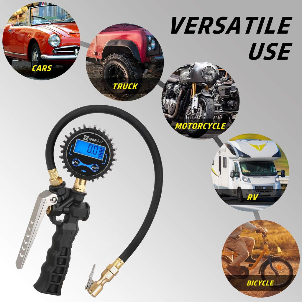 Tire Inflator with Digital Pressure Gauge, 0-200PSI, Brass Lock-On Air Chuck, 23 Inch Compressor Hose, Valve Core and Slotted Valve Cap, Seal Tape Pack of 2 K318