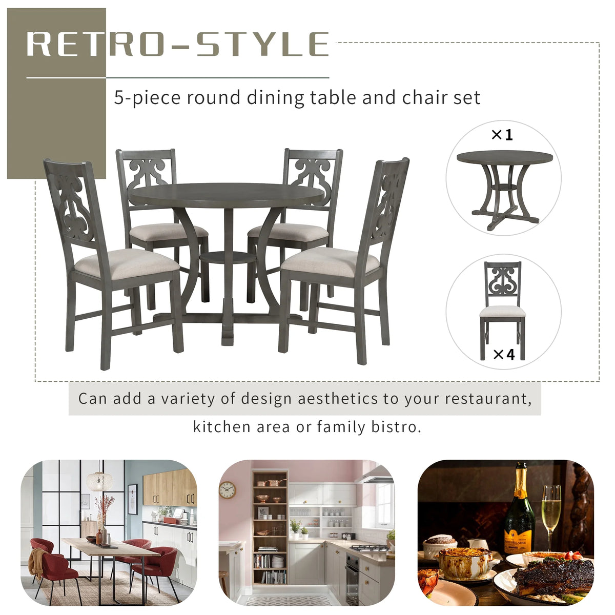 Antique Gray 5 Piece Wooden Dining Table and Chairs Set C76511