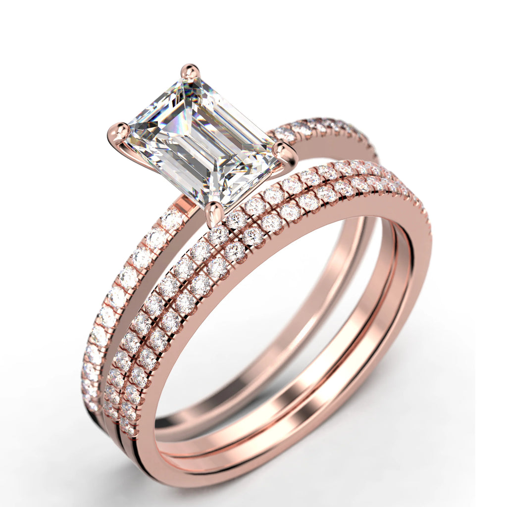 Emerald Cut Diamond Moissanite Engagement Ring Set In 10K Solid Rose Gold E4084