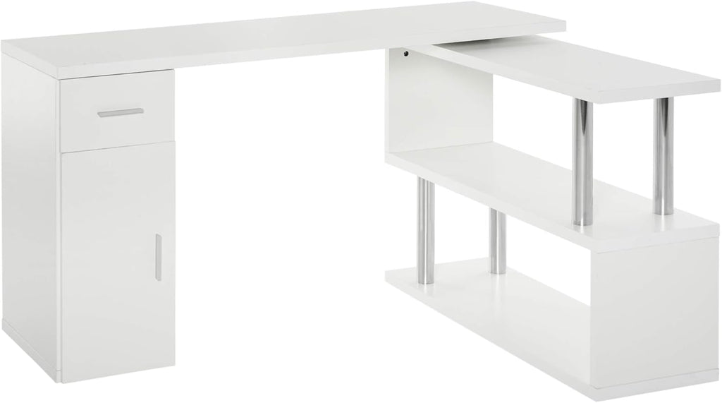 White L-Shaped Rotating Computer Desk with Storage Shelves, Cabinet and Drawer U4631