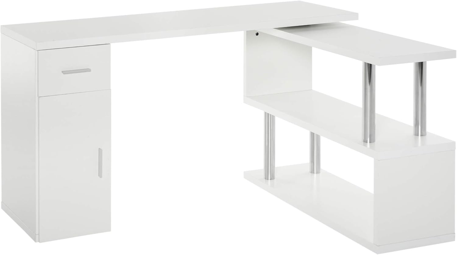 White L-Shaped Rotating Computer Desk with Storage Shelves, Cabinet and Drawer U4631