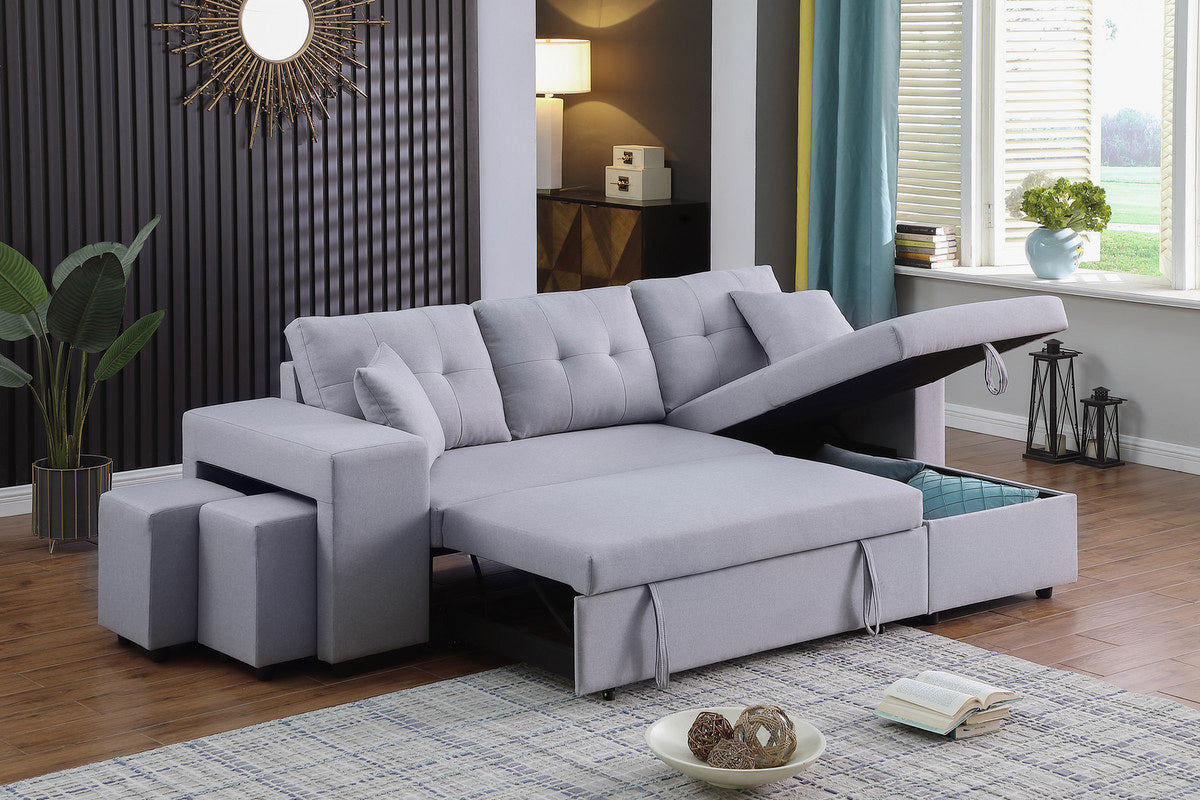 Light Gray Linen Fabric Reversible Sleeper Sectional with Storage Chaise and 2 Stools Z51049