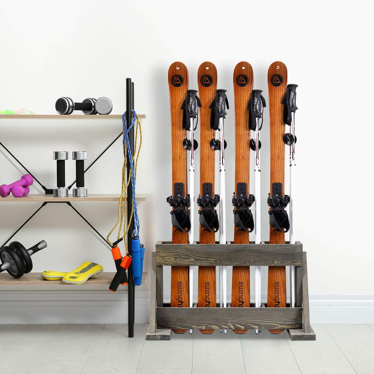4-Slot Gray Wood Ski and Snowboard Storage Rack H3983