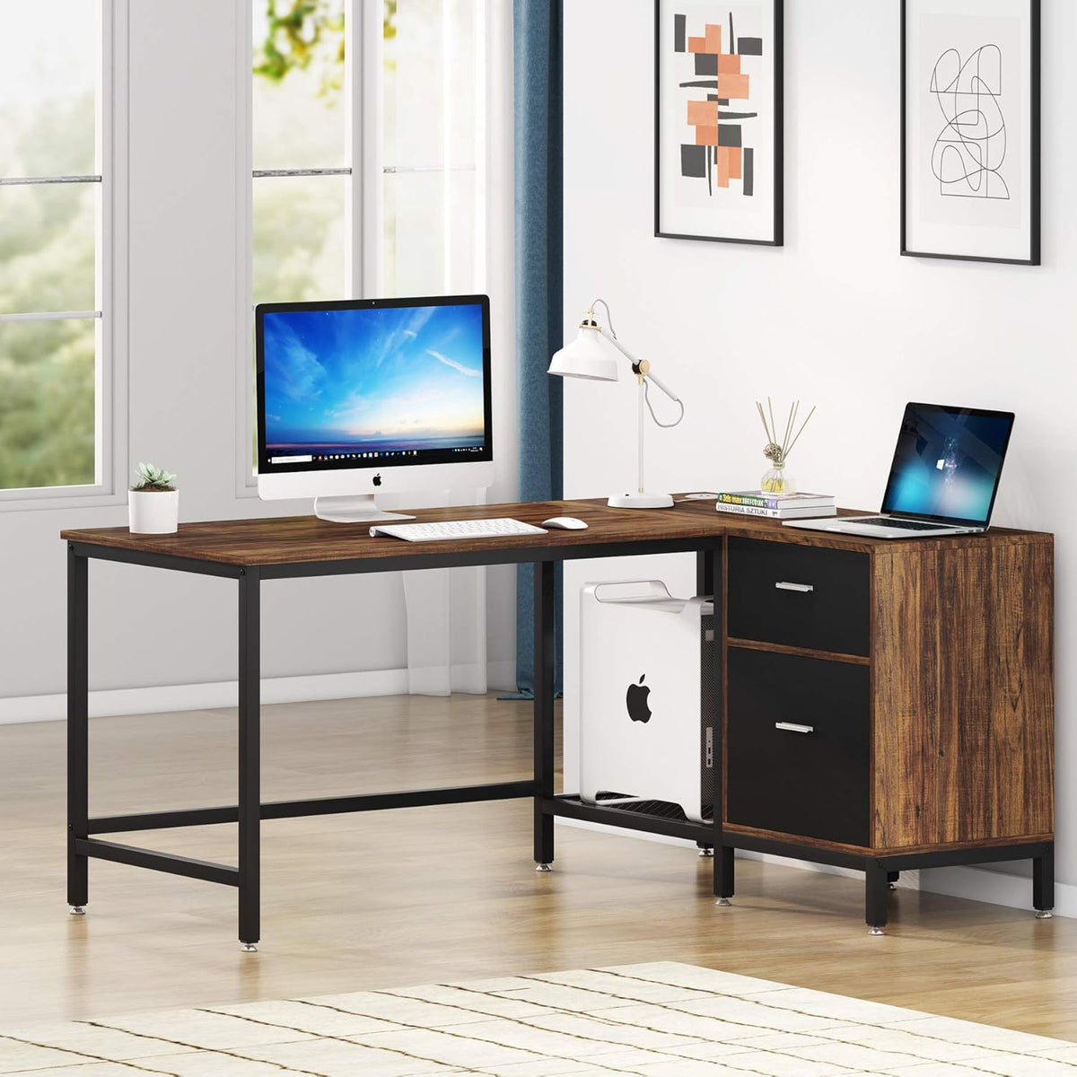 Rustic Industrial L Shaped Desk with Storage Drawer, 55 Inch Wood and Metal Study Corner Desk with Shelves and Hanging File Cabinet S409