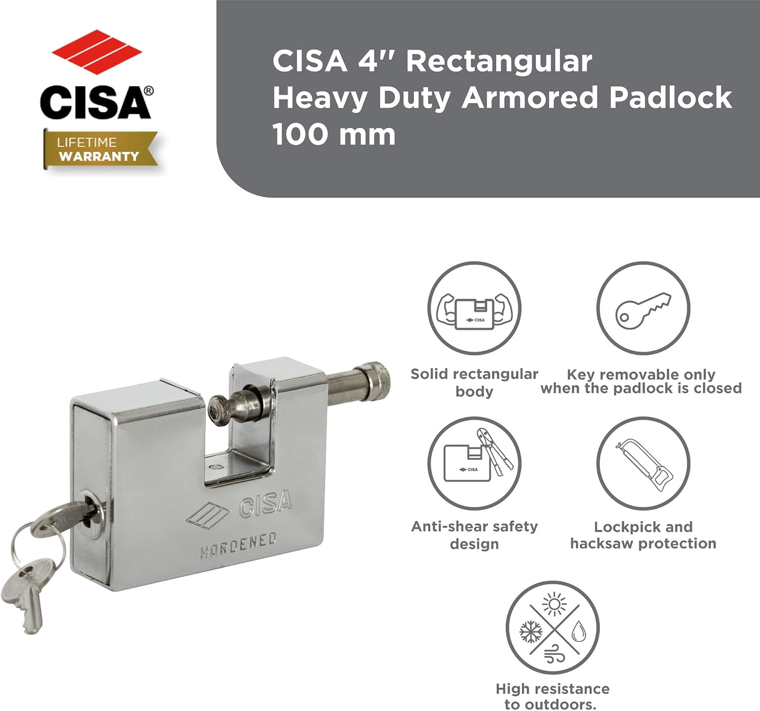 4'' Rectangular Heavy Duty Armored Padlock with 2 Keys, Pack of 2 E903730