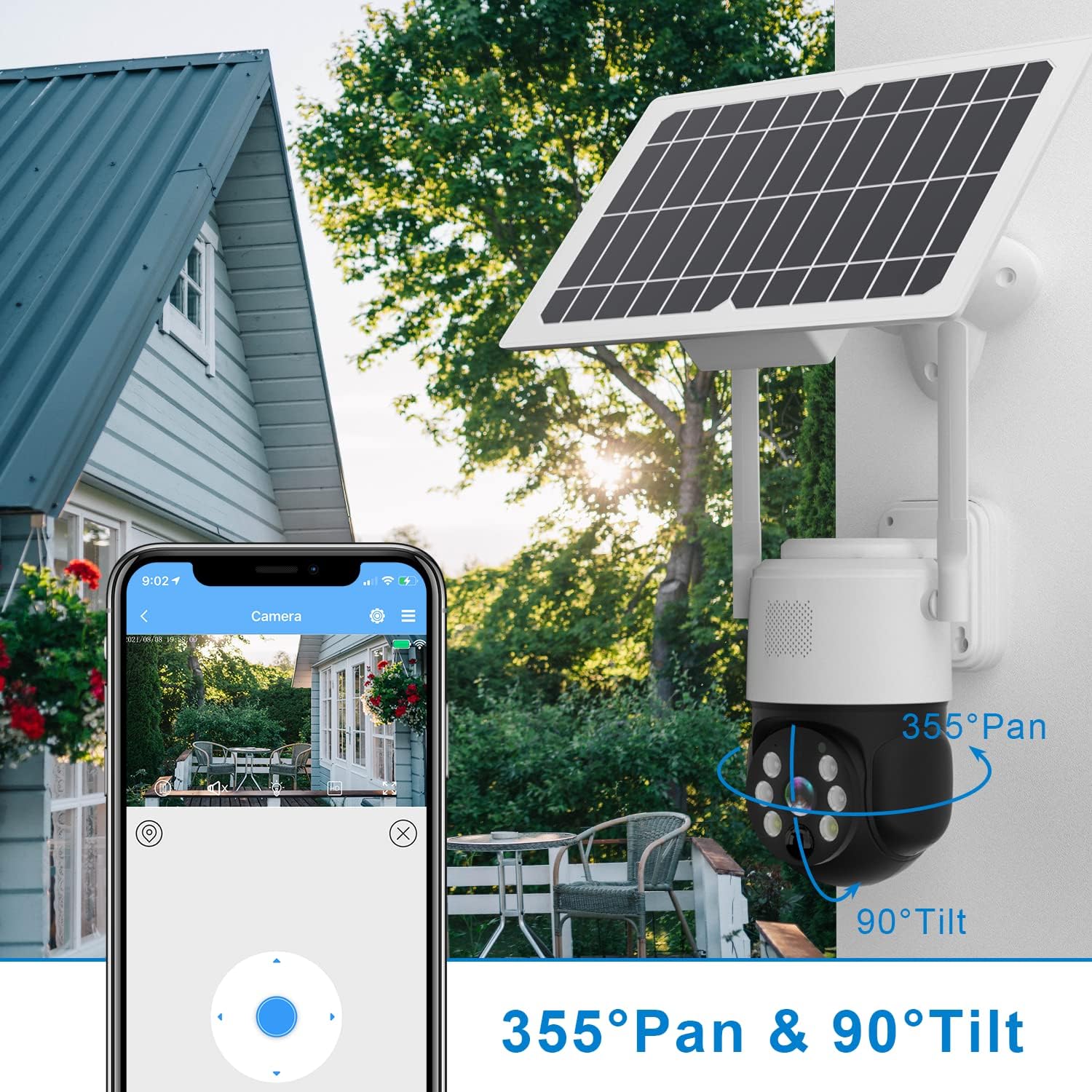 Solar Security Camera Outdoor Wireless Pan Tilt Battery Powered Auto Tracking 1080P WiFi PTZ Camera Home Surveillance PIR Motion Detection Two-Way Audio Color Night Vision SD/Cloud Storage F625076