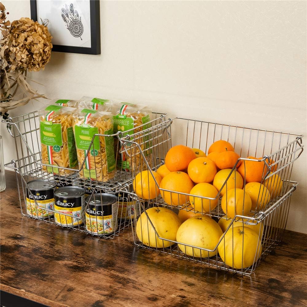Large Stackable Storage Baskets Cabinet Organizer Sturdy Metal Wire Pantry Freezer Bin 4 Packs B516352