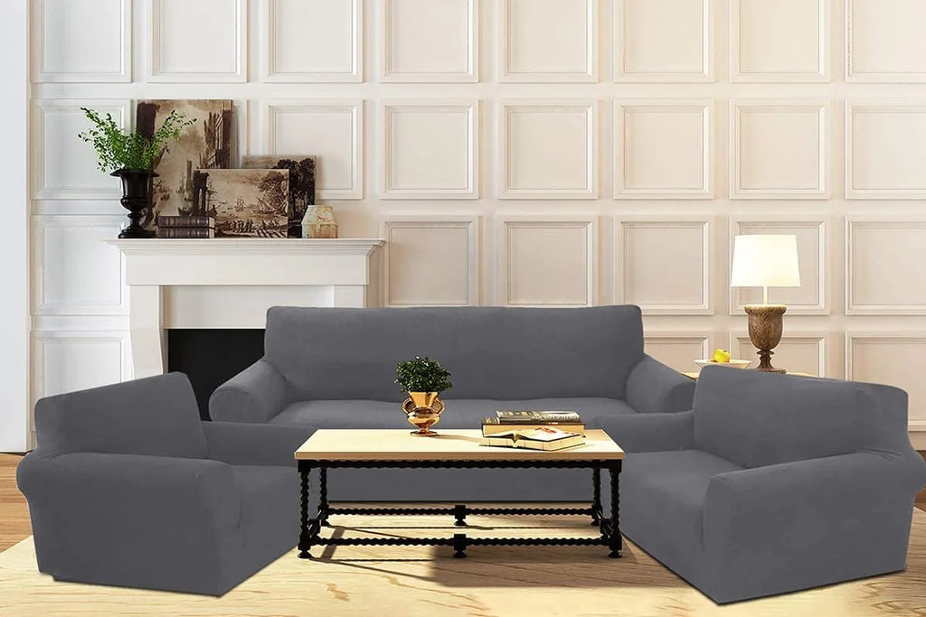 3-Piece Brushed Polyester Spandex SlipCover Set for Sofa Loveseat Couch Arm Chair, Light Gray H8223
