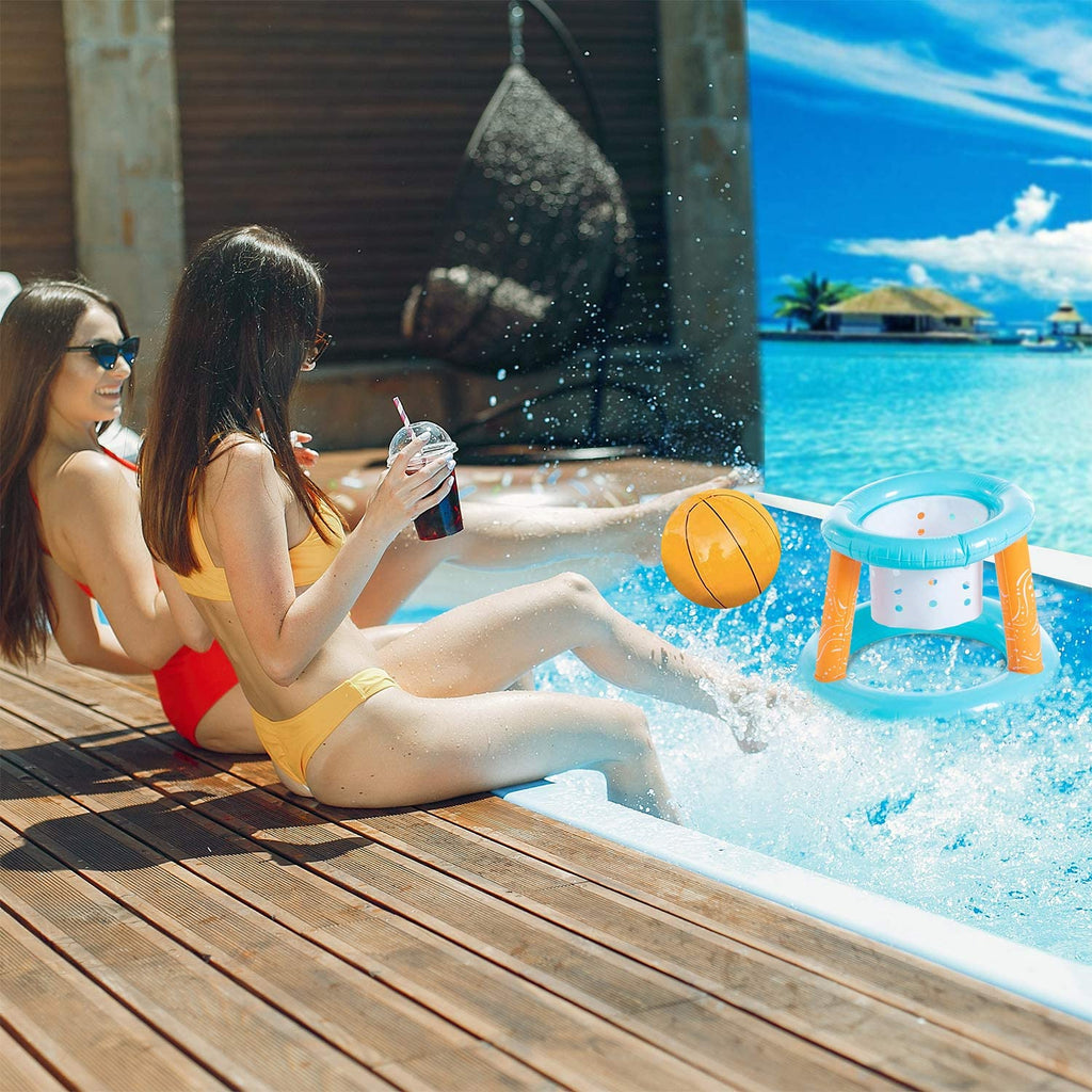 Light Blue Inflatable Volleyball Net & Basketball Hoops Pool Float Set Q4910