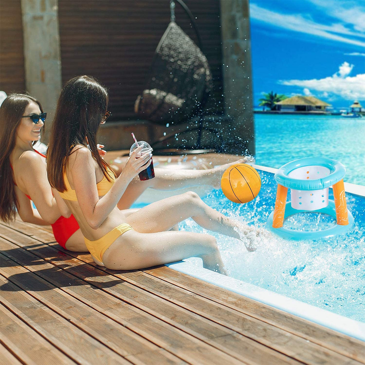 Light Blue Inflatable Volleyball Net & Basketball Hoops Pool Float Set Q4910