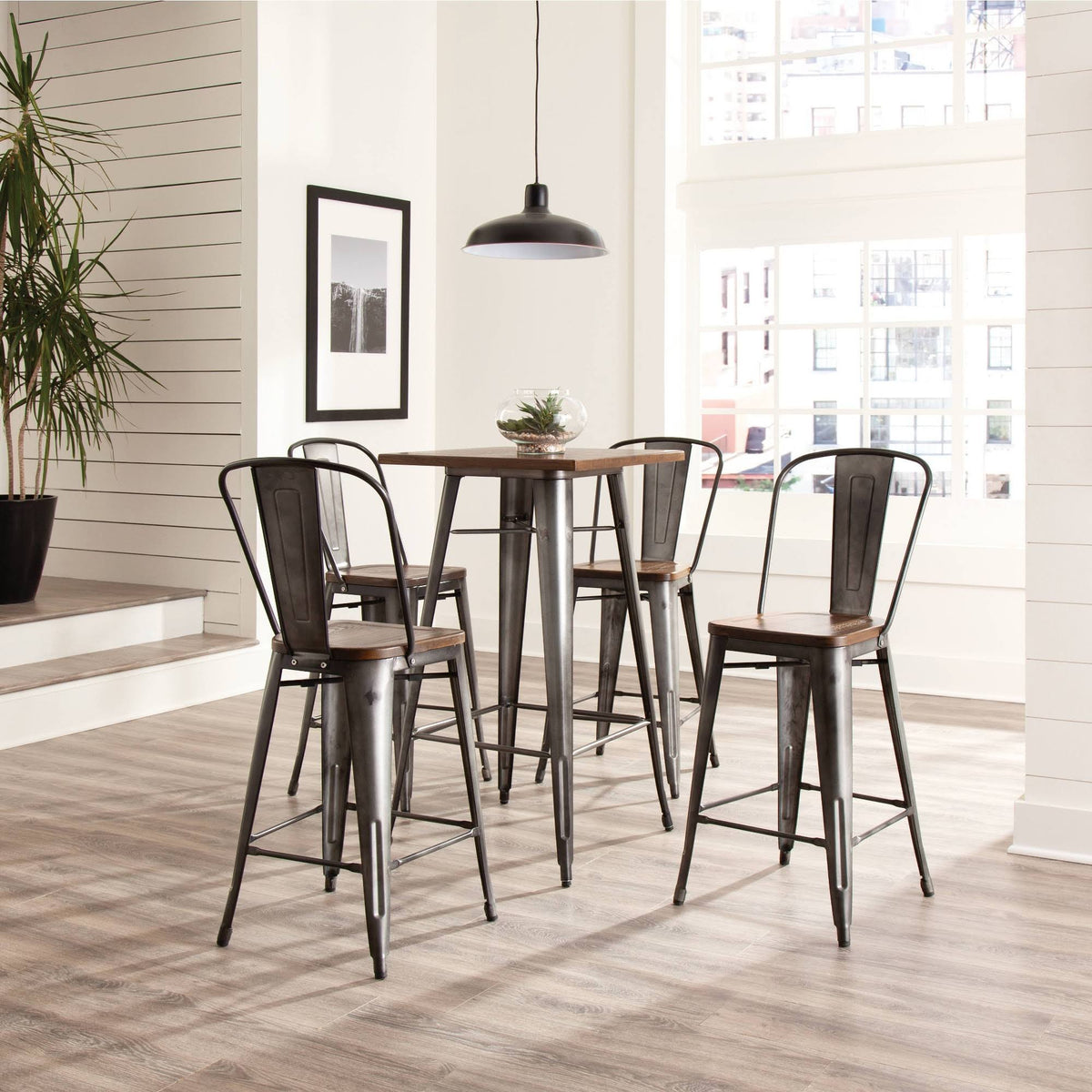 Industrial Modern 4 Pack 26x22 High Back Metal Bar Stools with Solid Ash Wood Seats M101