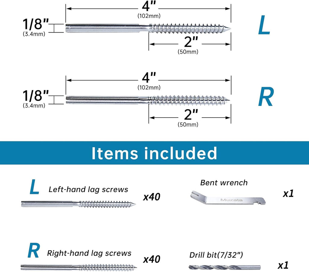 80Pack 1/8 Swage Lag Screws Left & Right Cable Railing Hardware Kit T316 Stainless Steel G253665