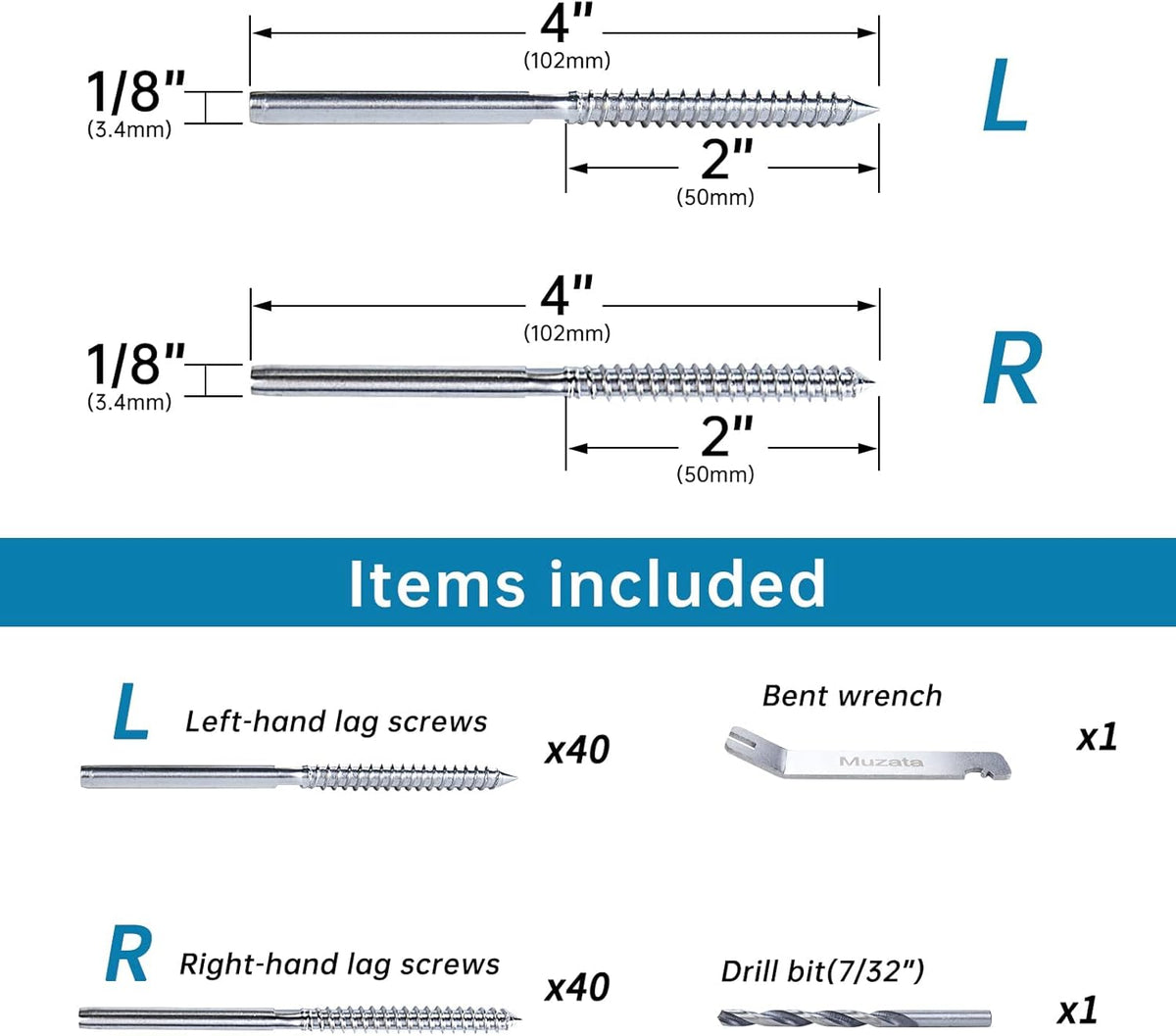 80Pack 1/8 Swage Lag Screws Left & Right Cable Railing Hardware Kit T316 Stainless Steel G253665