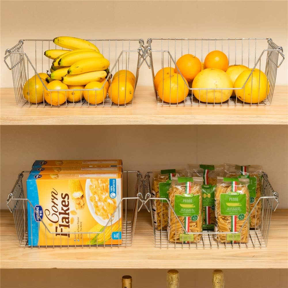 Large Stackable Storage Baskets Cabinet Organizer Sturdy Metal Wire Pantry Freezer Bin 4 Packs B516352