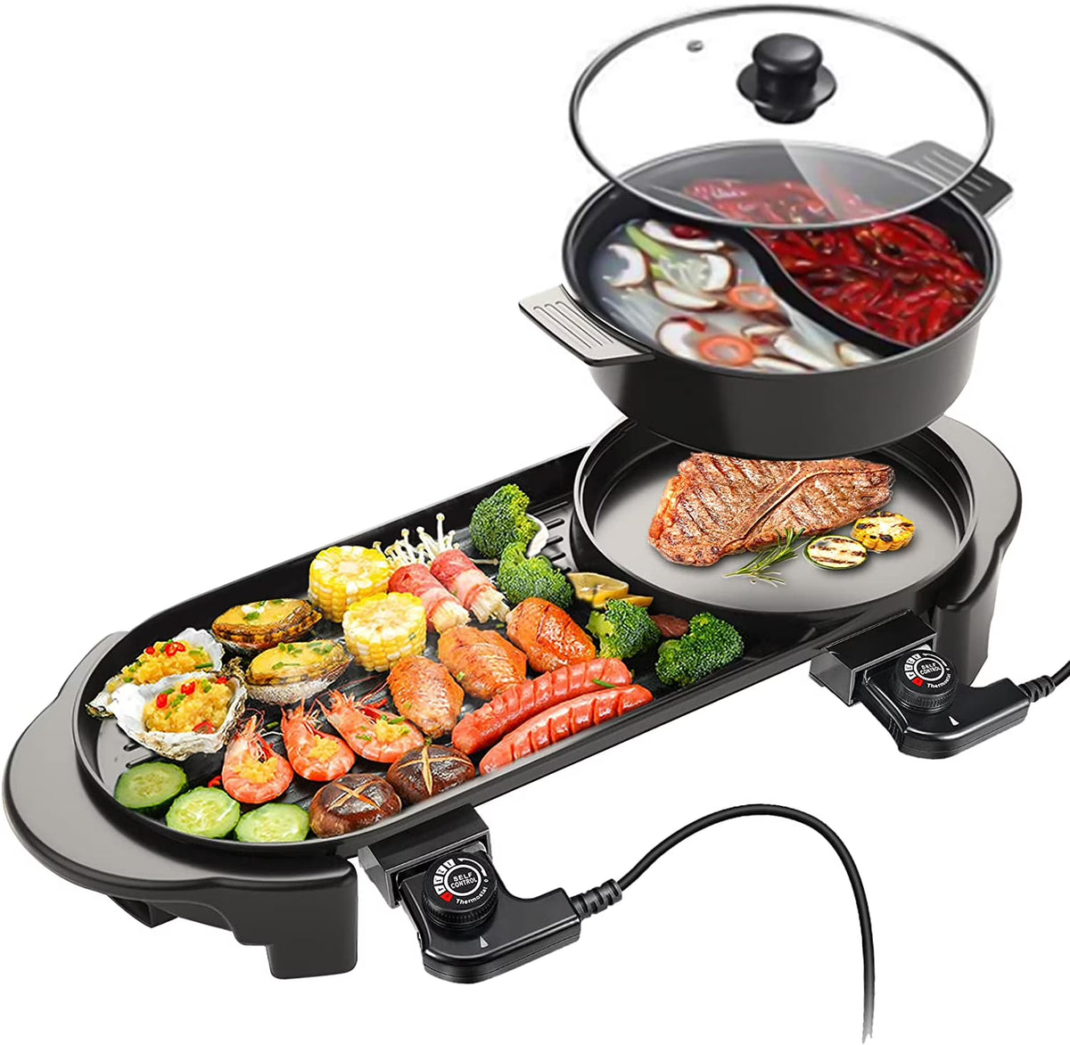 Electric Hot Pot with Grill, Removable Non-Stick Hotpot, 110V H696541