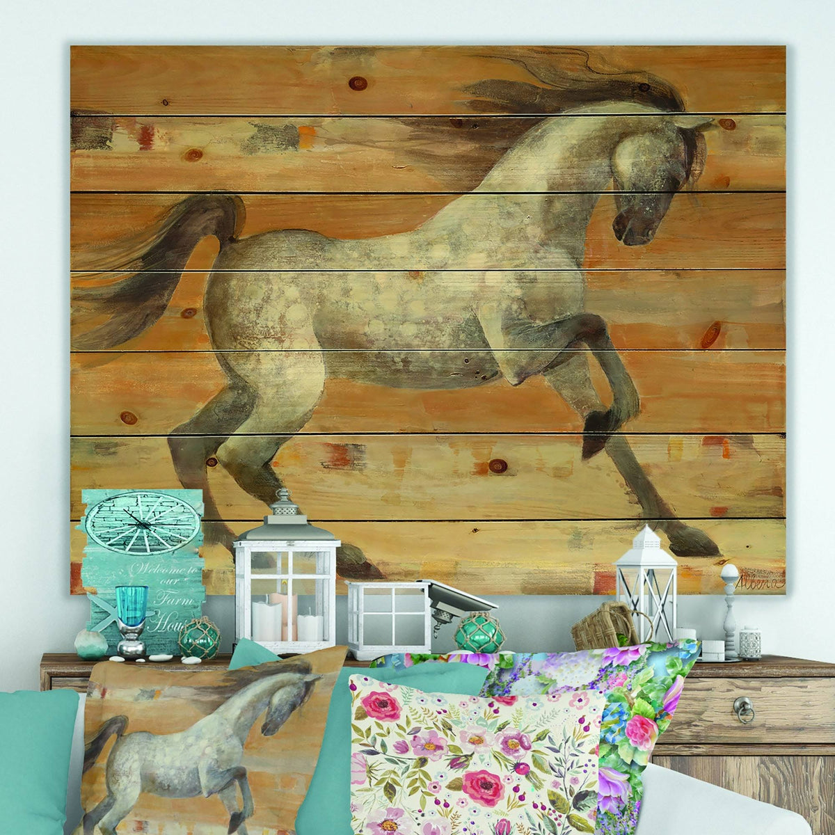 Brown Horse Print on Natural Pine Wood H934
