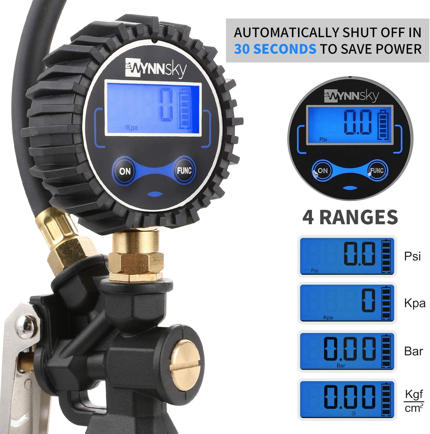 Tire Inflator with Digital Pressure Gauge, 0-200PSI, Brass Lock-On Air Chuck, 23 Inch Compressor Hose, Valve Core and Slotted Valve Cap, Seal Tape Pack of 2 K318