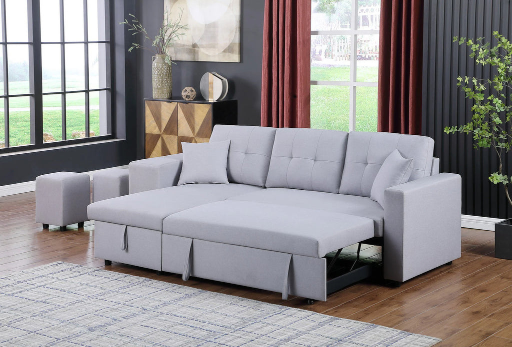 Light Gray Linen Fabric Reversible Sleeper Sectional with Storage Chaise and 2 Stools Z51049