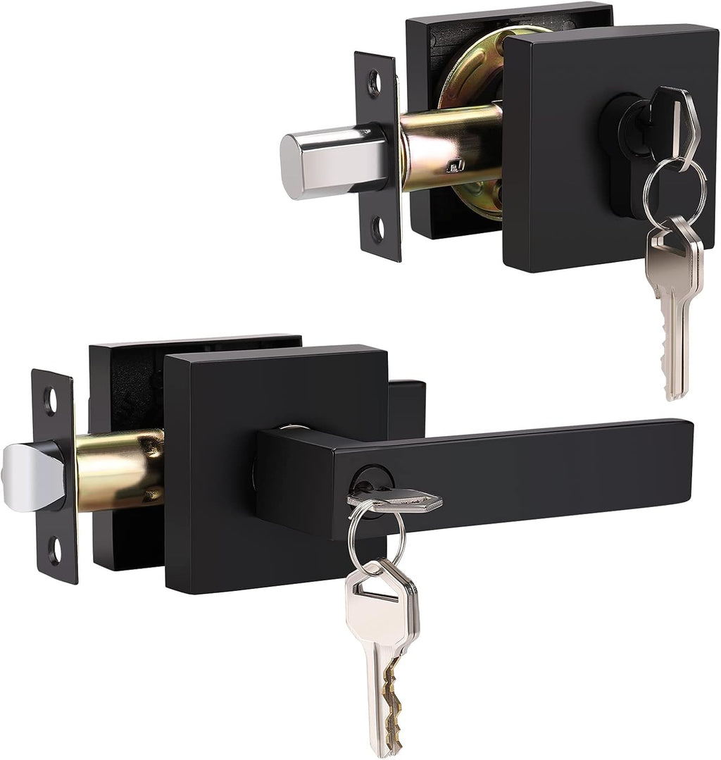 4 Pack Matte Black Entry Door Handle with Deadbolt Lock Set W623157
