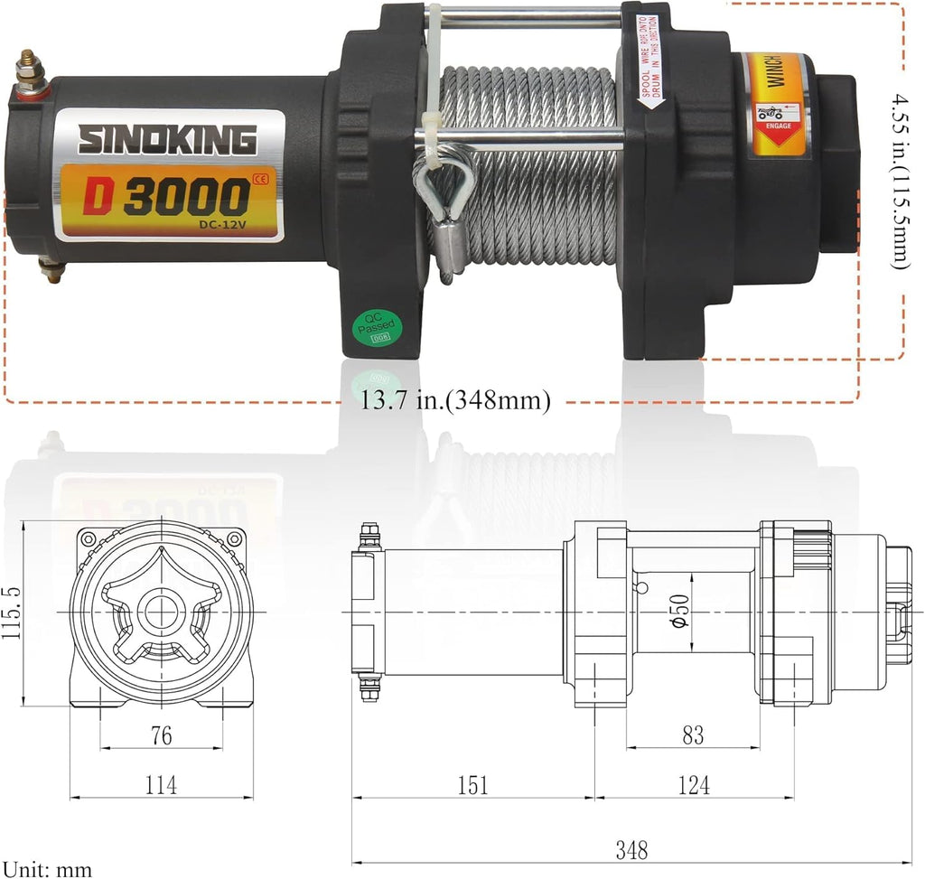 12VDC 3000LB UTV ATV Winch with Steel Cable Electric Winch Kit with Wireless Remote Control C983