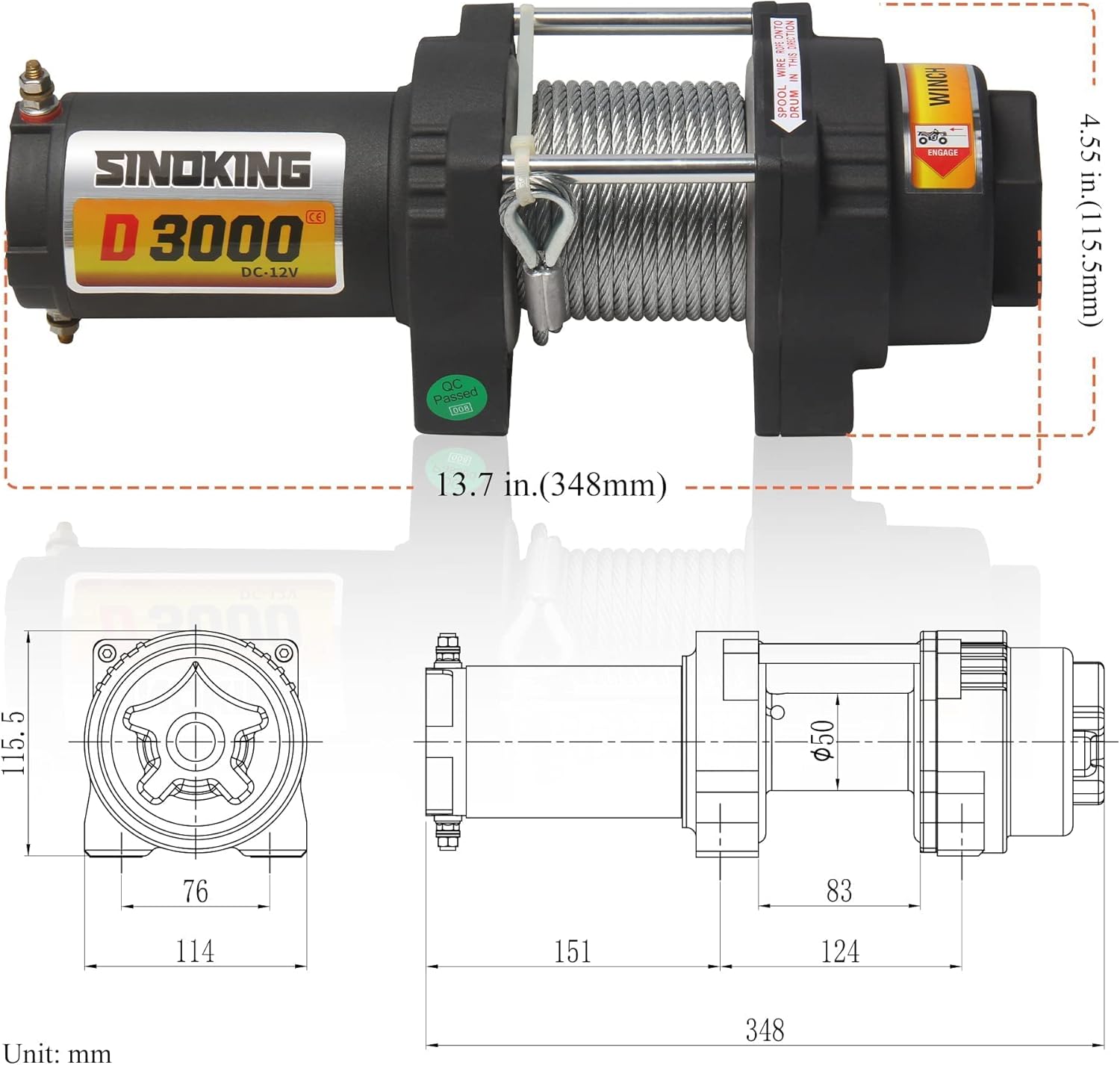 12VDC 3000LB UTV ATV Winch with Steel Cable Electric Winch Kit with Wireless Remote Control C983