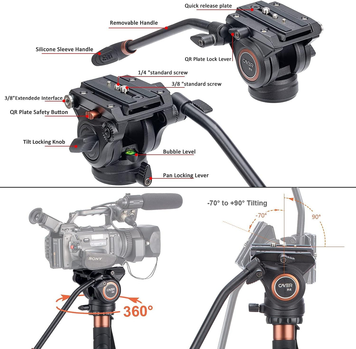 Aluminum Telescopic Camera Monopod with Pan Tilt Fluid Head and 3-Leg Tripod Base N63174