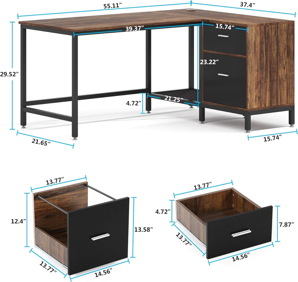 Rustic Industrial L Shaped Desk with Storage Drawer, 55 Inch Wood and Metal Study Corner Desk with Shelves and Hanging File Cabinet S409