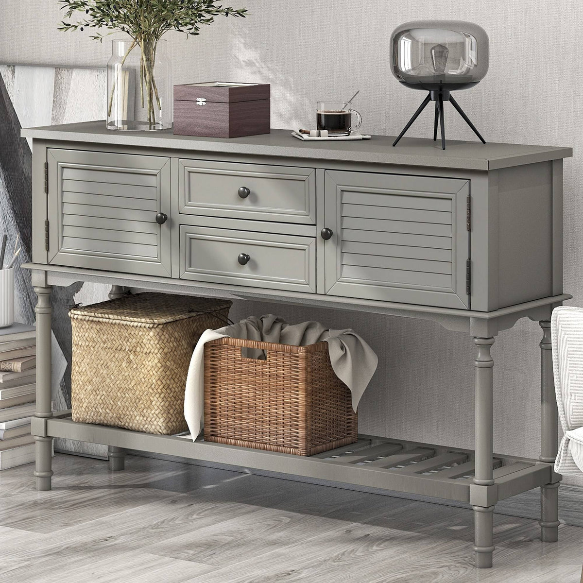 Modern Pine Console Table with 2 Drawer, 1 Cabinet, 1 Shelf, Greige S61101