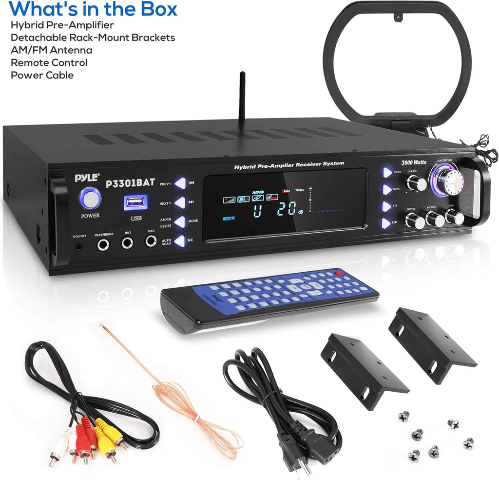 Wireless Bluetooth Stereo Amplifier with AM/FM Radio, MP3/USB, AUX, RCA, Karaoke Mic in, Rack Mount, Remote X41283