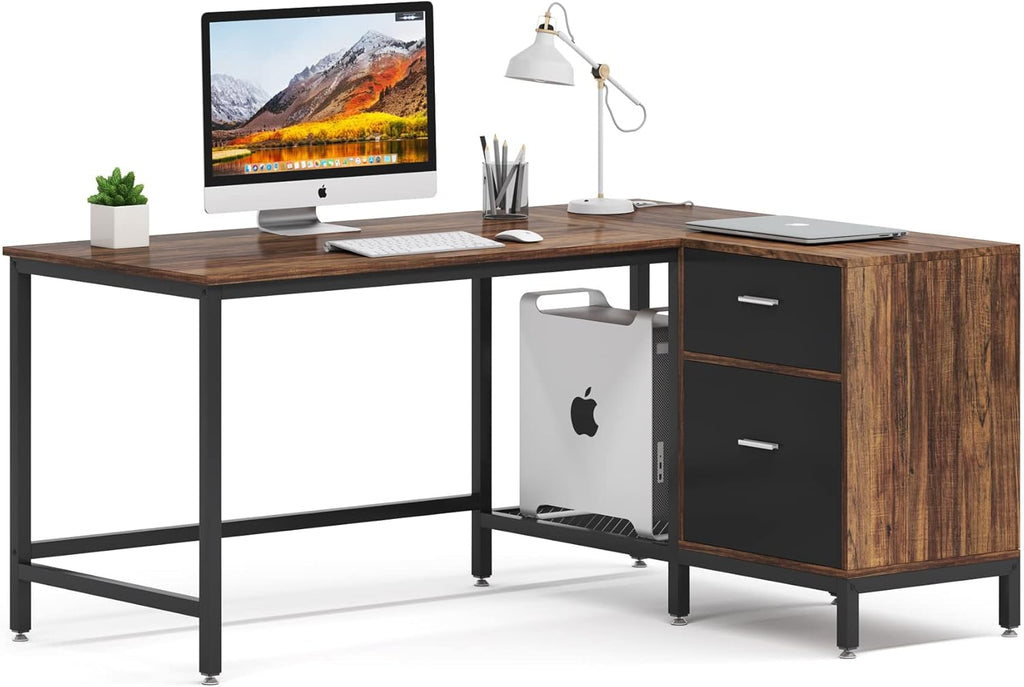 Rustic Industrial L Shaped Desk with Storage Drawer, 55 Inch Wood and Metal Study Corner Desk with Shelves and Hanging File Cabinet S409