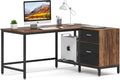 Rustic Industrial L Shaped Desk with Storage Drawer, 55 Inch Wood and Metal Study Corner Desk with Shelves and Hanging File Cabinet S409