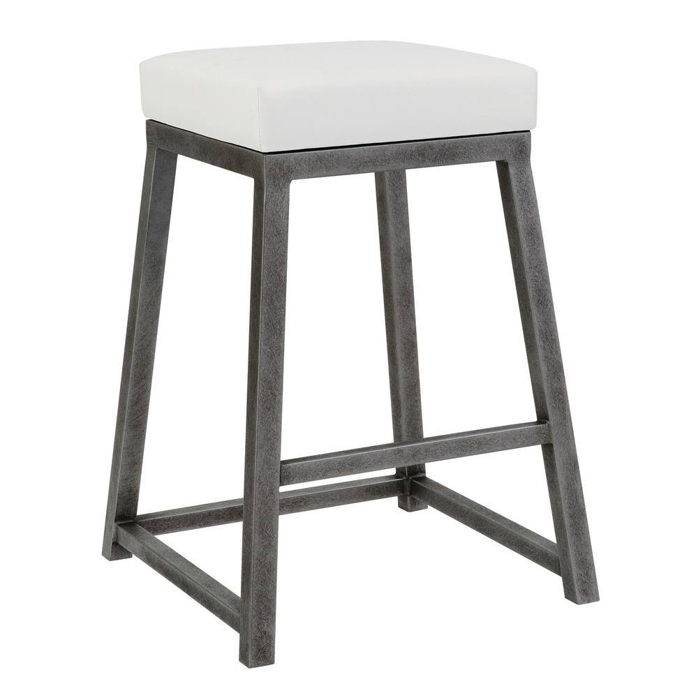 26x22 Counter Height Metal Backless Barstool in Aspen Pure White Bonded Leather and Silver Bisque Finish I529
