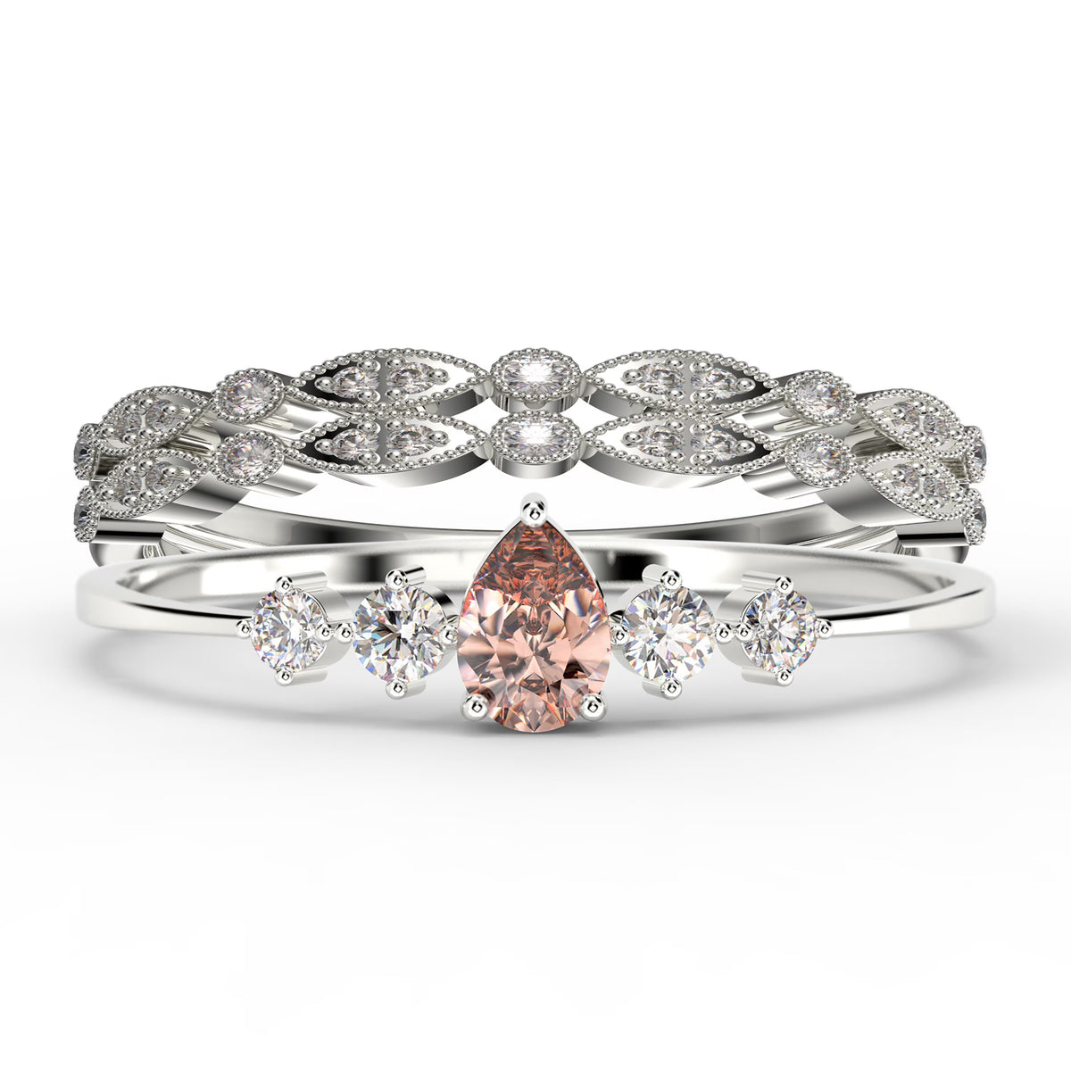 2.05 Carat Pear Cut Morganite And Diamond Moissanite Engagement Ring in 925 Sterling Silver With 18k White Gold Plating U2500