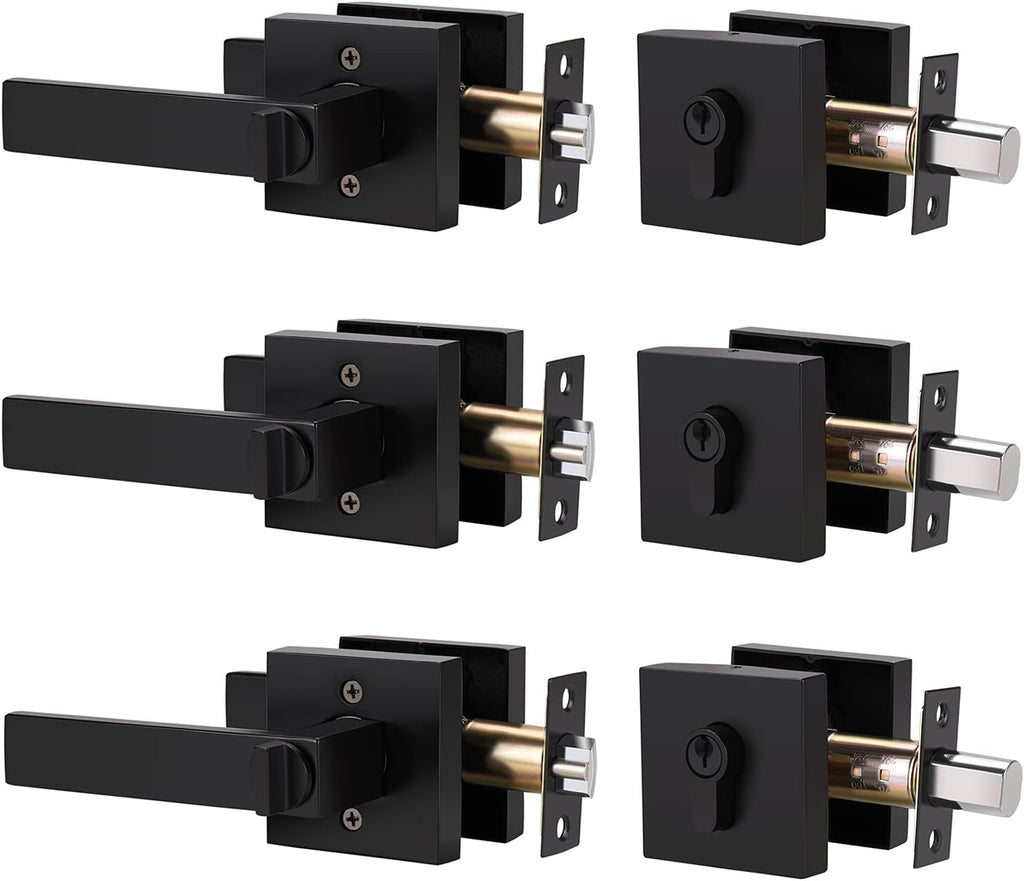 4 Pack Matte Black Entry Door Handle with Deadbolt Lock Set W623157