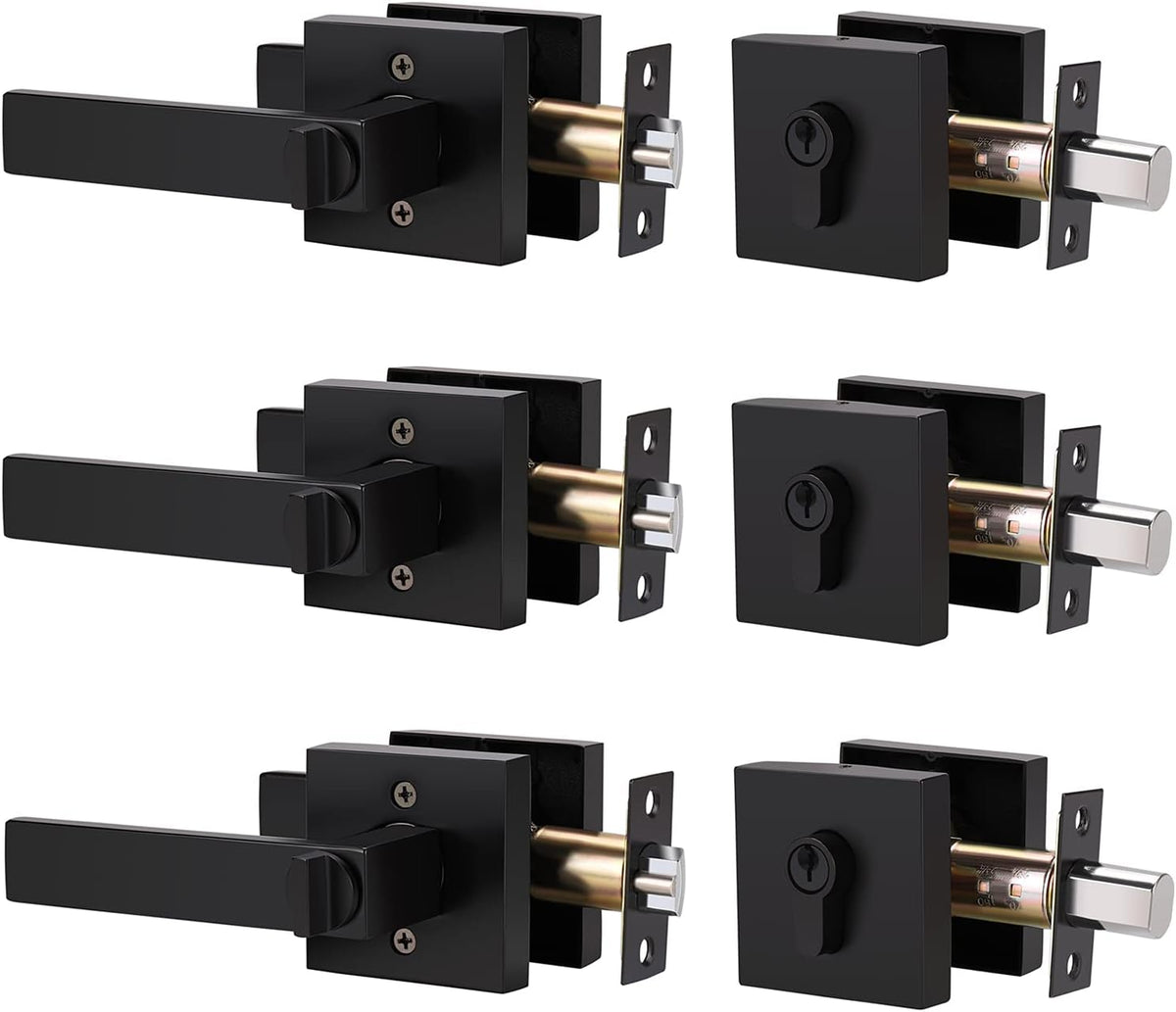 4 Pack Matte Black Entry Door Handle with Deadbolt Lock Set W623157