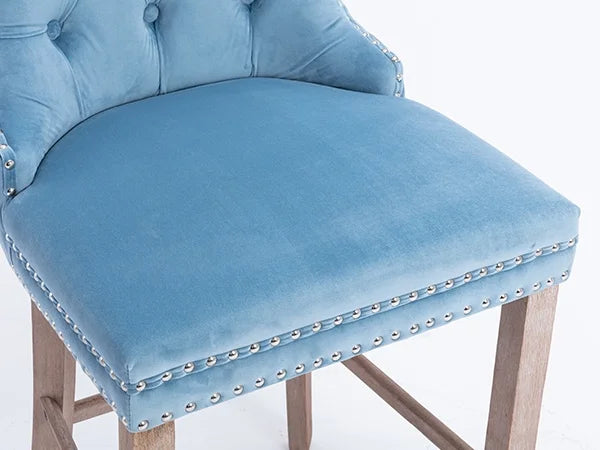 Velvet Bar Stools Set of 2, 27" Seat Height, Tufted Back, Wood Frame, Light Blue Q839