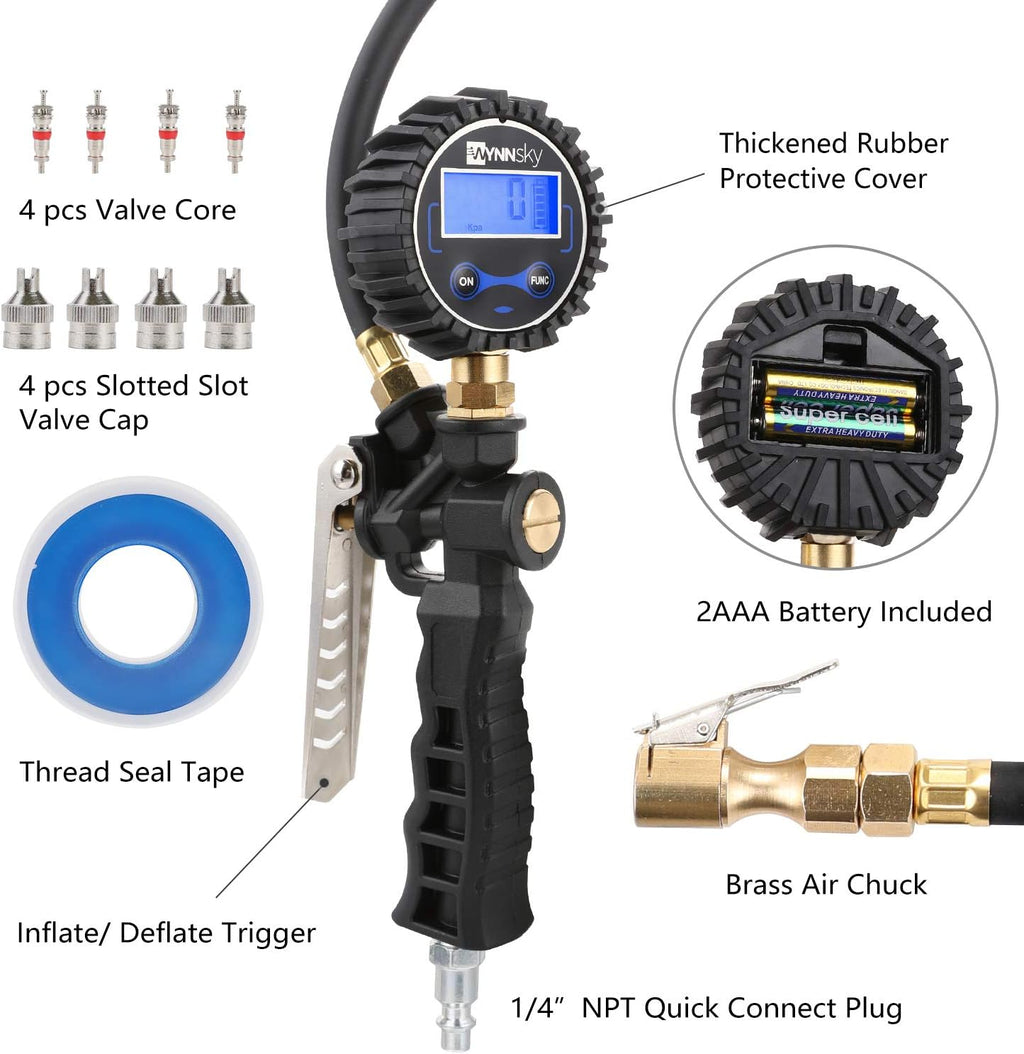 Tire Inflator with Digital Pressure Gauge, 0-200PSI, Brass Lock-On Air Chuck, 23 Inch Compressor Hose, Valve Core and Slotted Valve Cap, Seal Tape Pack of 2 K318