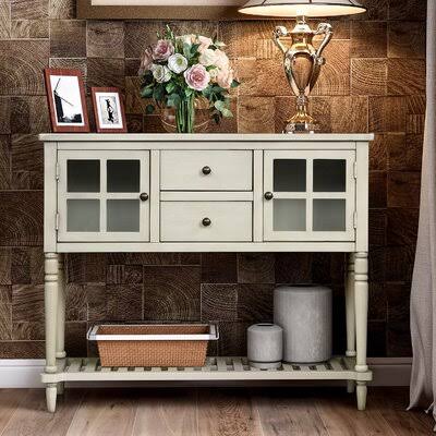 Farmhouse Wood/Glass Sideboard Console Table with Bottom Shelf E2363