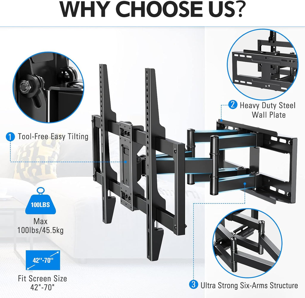 Full Motion TV Wall Mount for 42-70 inch TVs, Max VESA 600x400mm, Holds 100lbs U322989