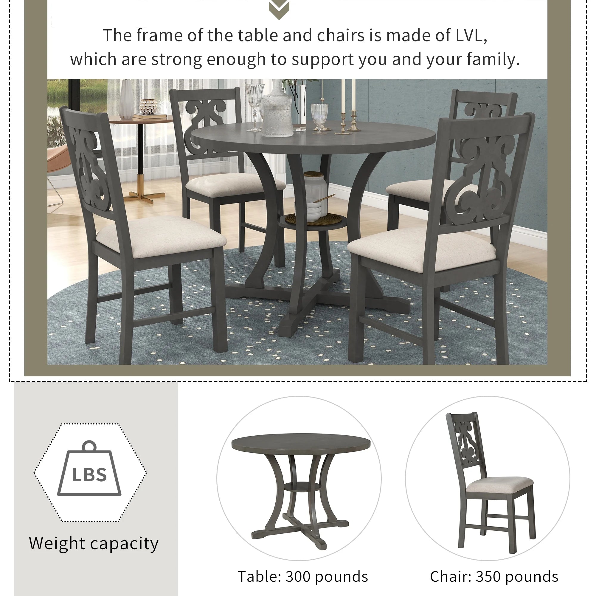 Antique Gray 5 Piece Wooden Dining Table and Chairs Set C76511