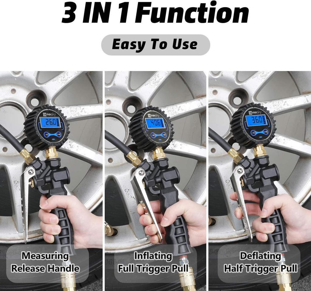 Tire Inflator with Digital Pressure Gauge, 0-200PSI, Brass Lock-On Air Chuck, 23 Inch Compressor Hose, Valve Core and Slotted Valve Cap, Seal Tape Pack of 2 K318