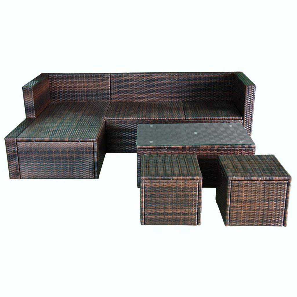 4 Piece Outdoor Corner Sofa with Coffee Table and 2 Ottomans Brown Poly Rattan S619040