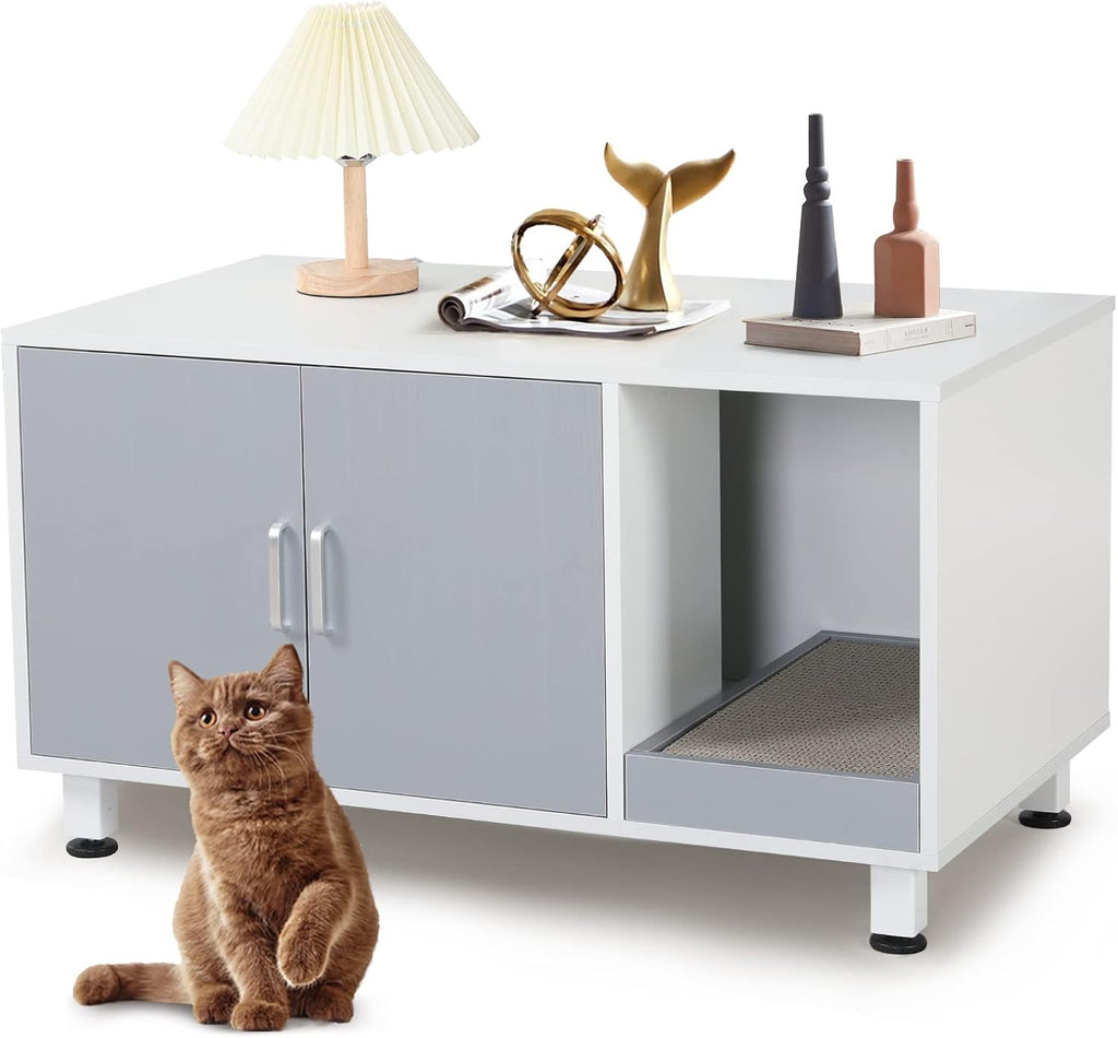 White & Grey Cat Litter Box Furniture Storage Bench Q750
