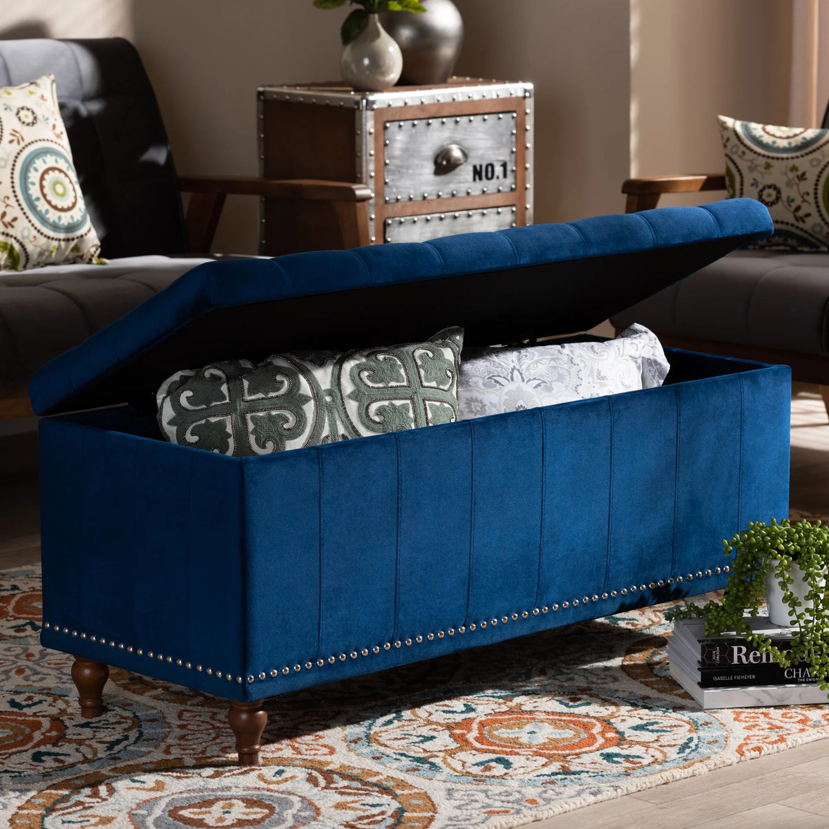 Navy Blue Velvet Button-Tufted Storage Ottoman Bench V6209